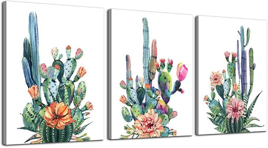 Wall Art for living room Canvas Prints Artwork bathroom Wall Decor Simple Life Green plants cactus Picture Watercolor painting 3 Pieces Framed bedroom wall decorations Office Works Home Decoration