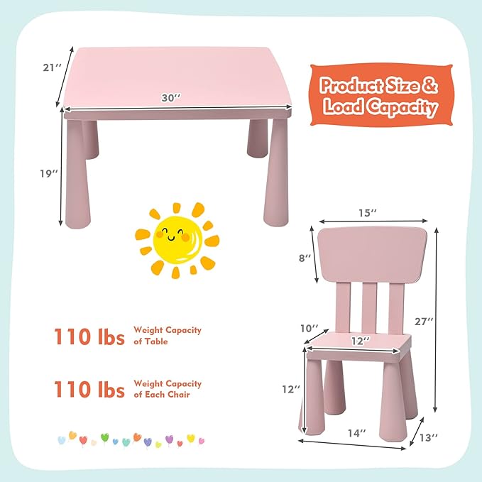 LDAILY Kids Table and Chairs, 3-Piece Children Arts Nursery Furniture for Drawing, Reading, and Painting, Light Weight Plastic Activity Kids Desk and Chair Set for Playroom, Kindergarten (Pink)