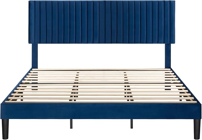 Allewie King Bed Frame, Velvet Upholstered Platform Bed with Adjustable Vertical Channel Tufted Headboard, Mattress Foundation with Strong Wooden Slats, Box Spring Optional, Easy Assembly, Navy Blue