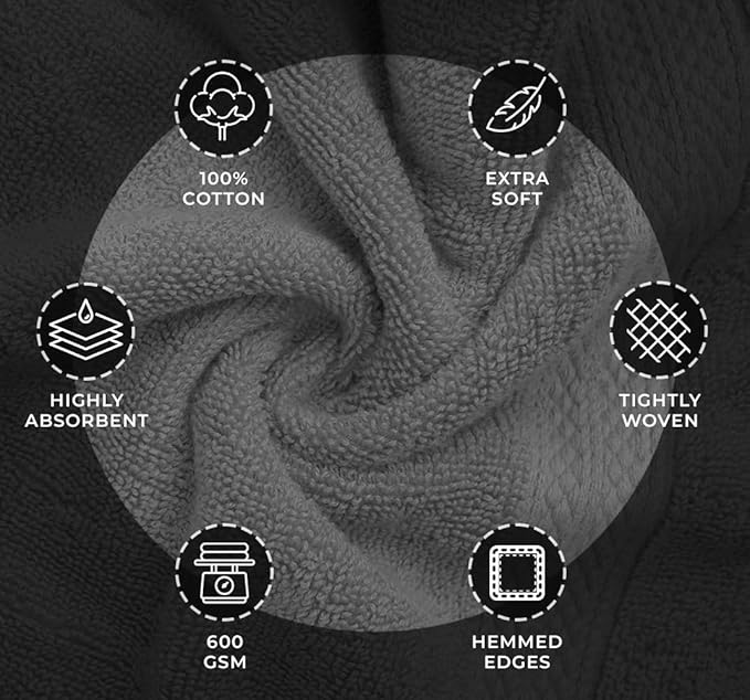 Avalon Towels Luxury 8 Piece Towels Set, 2 Bath Towels, 2 Hand Towels and 4 Washcloths, 600 GSM 100% Ring Spun Cotton Highly Absorbent Bathroom Towel Set, Ideal for Hotel, Spa and Gym (Grey)