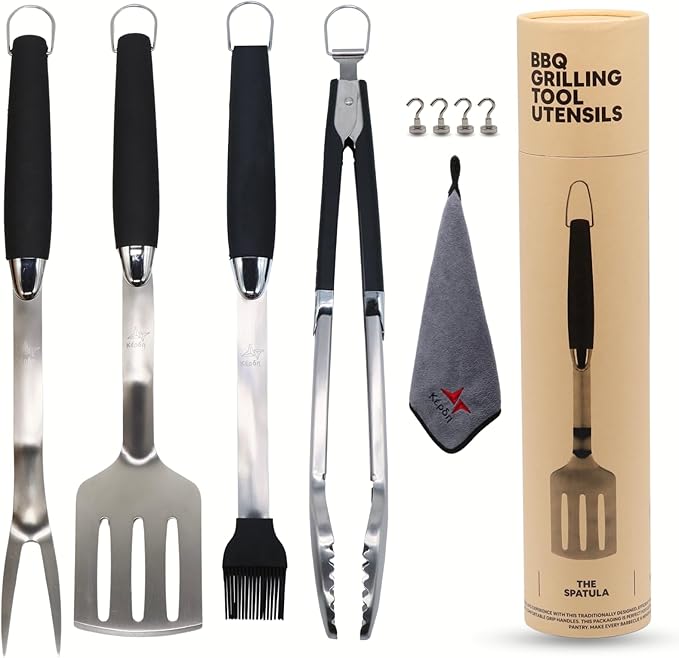 Premium Grill Utensils Set – 9-Piece BBQ Tool Kit with Extra-Long Stainless Steel Spatula, Fork, Tongs, Brush, Hooks & Cloth – Outdoor Grilling Set & Gift for BBQ Lovers