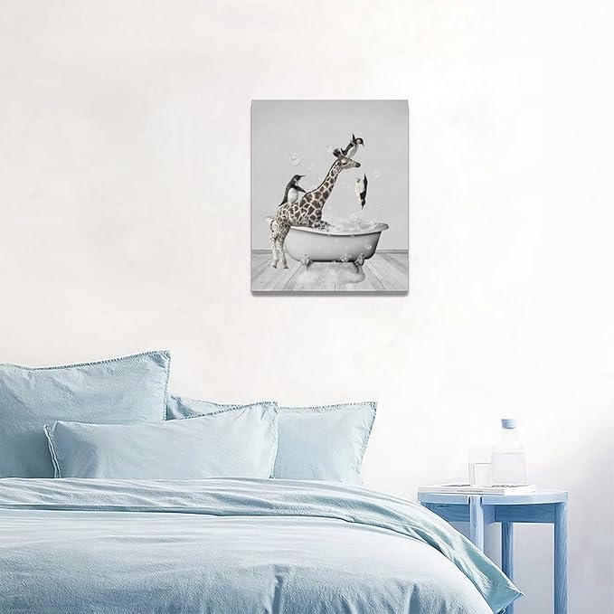 Funny Wall Art Giraffe and Penguin Bathroom Pictures for Kids - Animals in Bathtub Canvas Prints Artwork - Home Decorations for Bathroom, Bedroom, Toilet - Framed