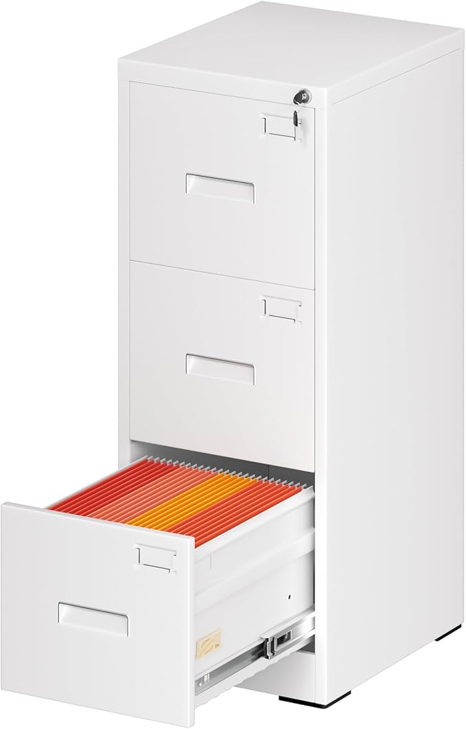 Greenvelly 3 Drawer File Cabinet with Lock, Black Metal Vertical Filing Cabinet for Home Office Fit Legal/Letter/A4/F4 Size with Hanging Bars&Key