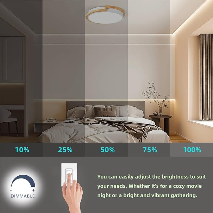 Dimmable Wood LED Flush Mount Ceiling Lights, 5CCT 2700K-6000K White Hallway Lighting Fixtures, Minimalist Round Ceiling Lamp for Bedroom Laundry Room Kitchen Entryway Bathroom 11.8in