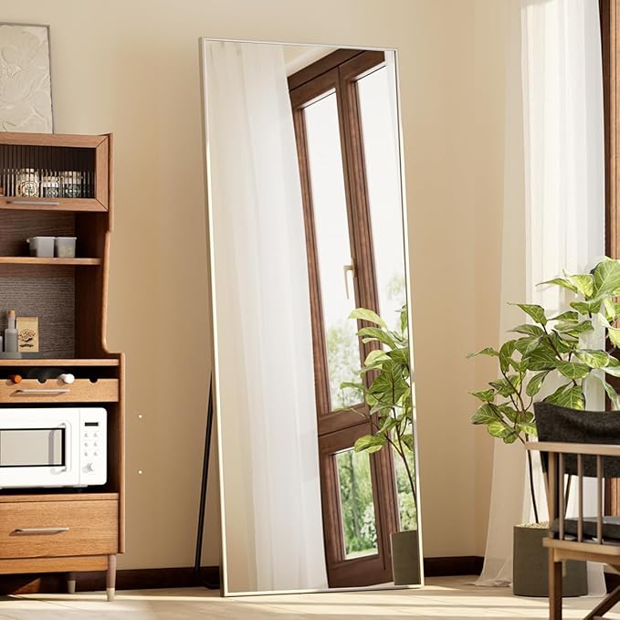 BEAUTYPEAK Full Length Mirror with Stand, 56"x21" Floor Mirror with Aluminum Alloy Thin Frame, ShatterVue Tempered Full Body Mirrors, Free Standing or Wall-Mounted Mirrors for Living Room, Silver