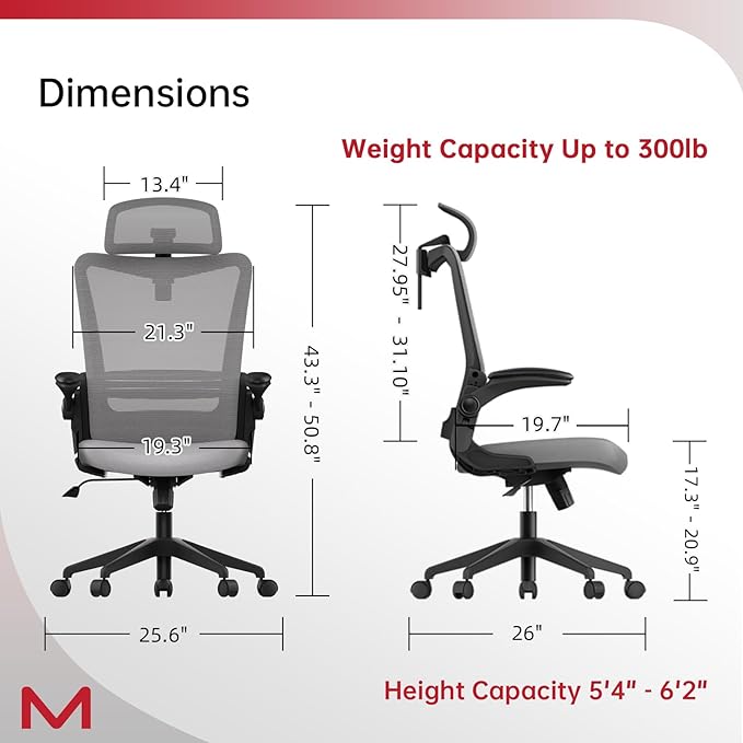 Office Chair Ergonomic Computer Desk Chair, 300 LBS Home Mesh Desk Chair with Wheels, Comfortable Work Chair for Long Hours, High Back Office Chair with Adjustable Lumbar & Headrest