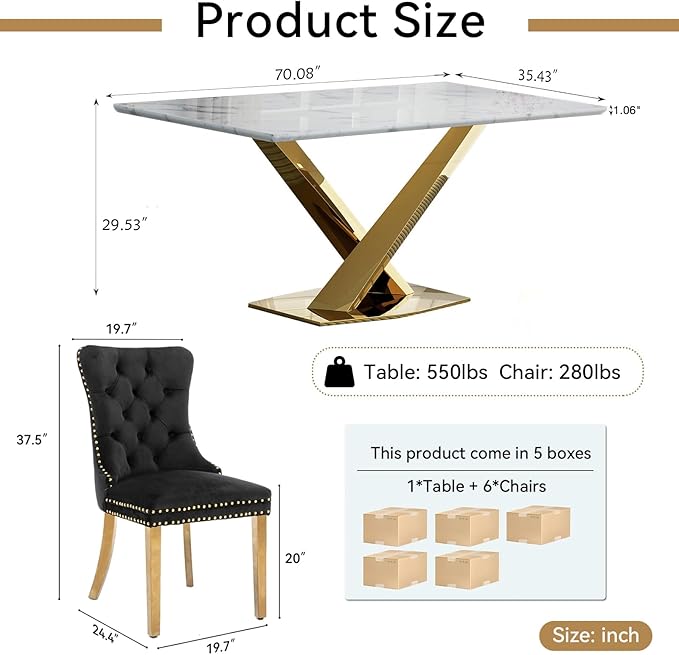 70" Faux Marble Dining Table Set for 6, 7-Piece Dining Set with White Gold Kitchen Table and 6 Velvet Tufted Chairs, Modern Rectangular Dining Room Table with X-Shape Stainless Steel Base