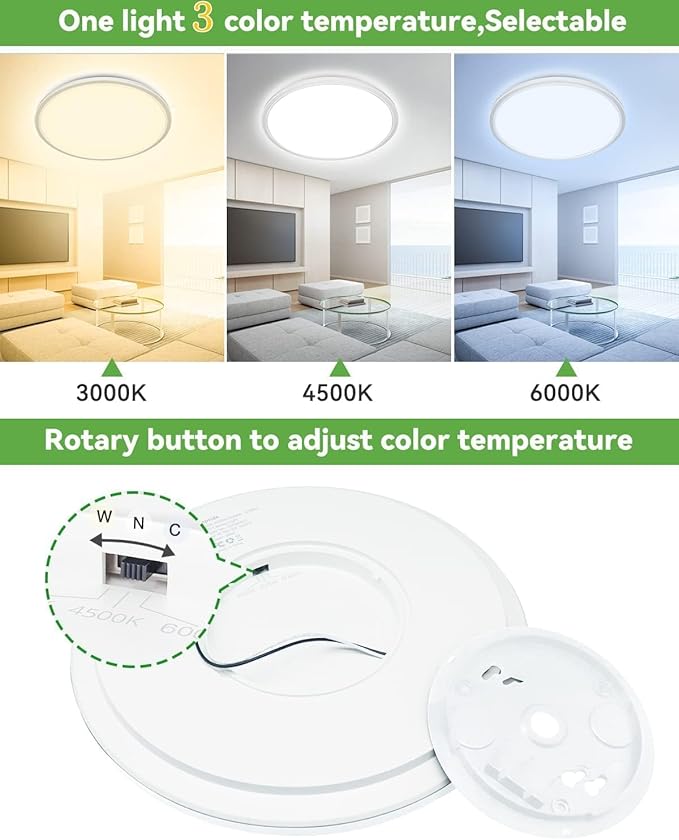 zemty 12 Inch White Flush Mount Ceiling Lights Super Slim 28W 3200lm LED Light Fixture, Warm Natural Cool White Selectable Lighting Fixture for Bedroom, Kitchen, Basement