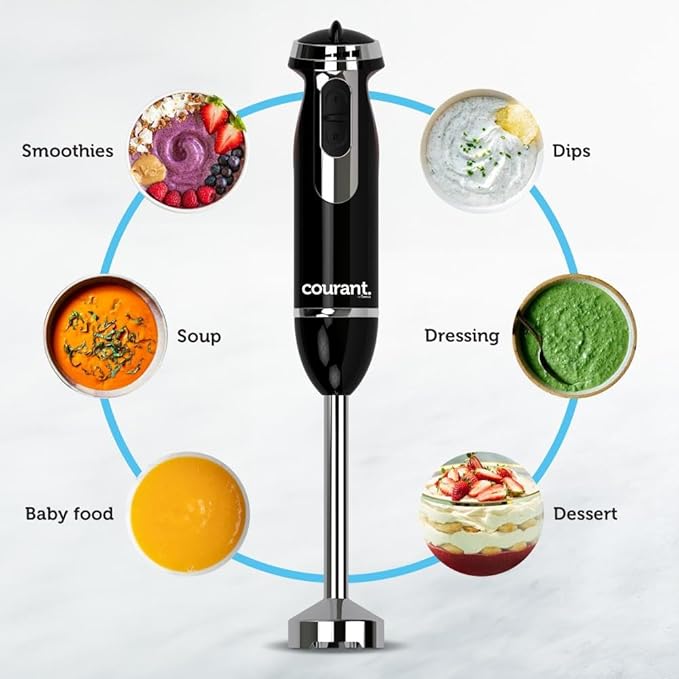 Courant Immersion Hand Blender with Variable Speed, Stainless Steel Blades for Smoothies, Purees, and Soups, Easy-Grip Control" (Black)