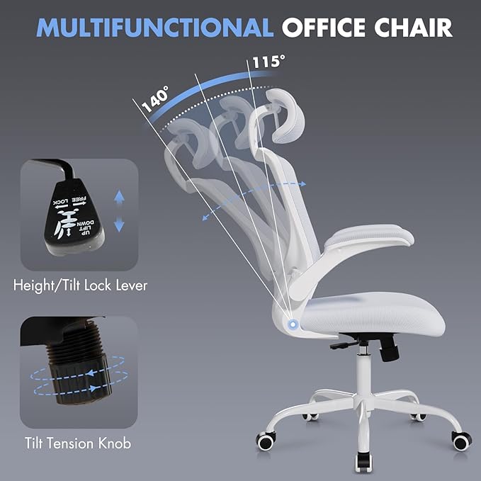 High Back Office Chair with Adjustable Lumbar Support & Headrest, Ergonomic Mesh Desk Chair with Flip-Up Armrests, Breathable & Comfortable Computer Chair for Home, Office & Study, White