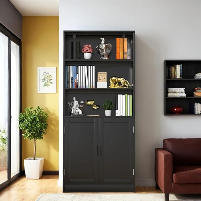 75" Tall Bookcase with Doors, 5 Tier Large Bookshelf with Cabinet, Standing Wood Display Book Shelf for Living Room, Office, Library with Doors, Black