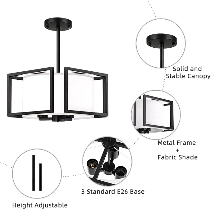 Modern Ceiling Light Fixture - Easric Semi Flush Mount Ceiling Light Industrial Light Fixtures Ceiling Mount with Fabric Shade Black Metal Frame Drum Ceiling Lights for Bedroom,Hallway,Kitchen