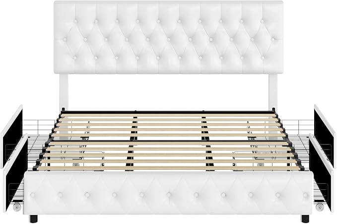 Keyluv Modern Upholstered Bed Frame with 4 Drawers, Button Tufted Headboard Design, Solid Wooden Slat Support, Easy Assembly, Queen Size, White