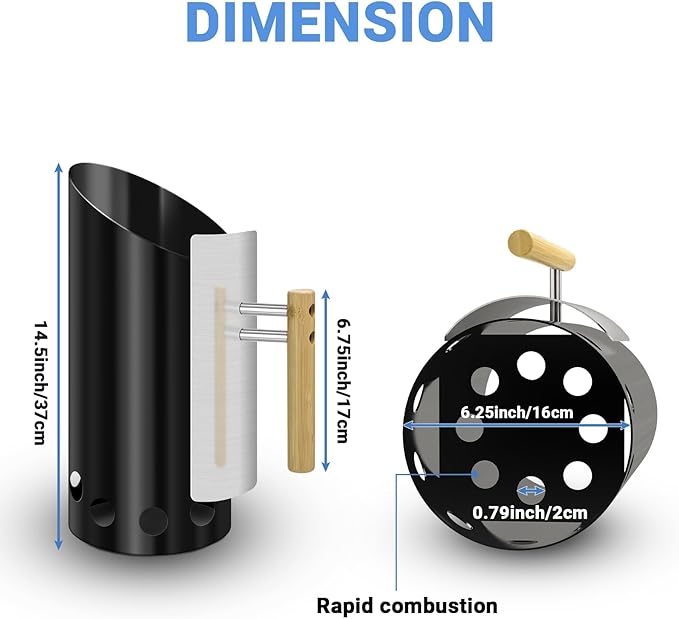 Charcoal Chimney Starter Double Enameled Chimney Starter Charcoal Chimney with Heat Shield & Wood Handle Great Heat Insulation Coal Starter for Grill Easy Grip Charcoal Starter, Black