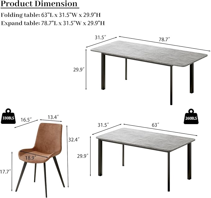 63"- 78.7" Extendable Dining Table Set for 8, Modern Kitchen Table with 8 PU Leather Chairs, Thickened Expandable MDF Wooden Table with Metal Legs for Dining Room, Kitchen, Office
