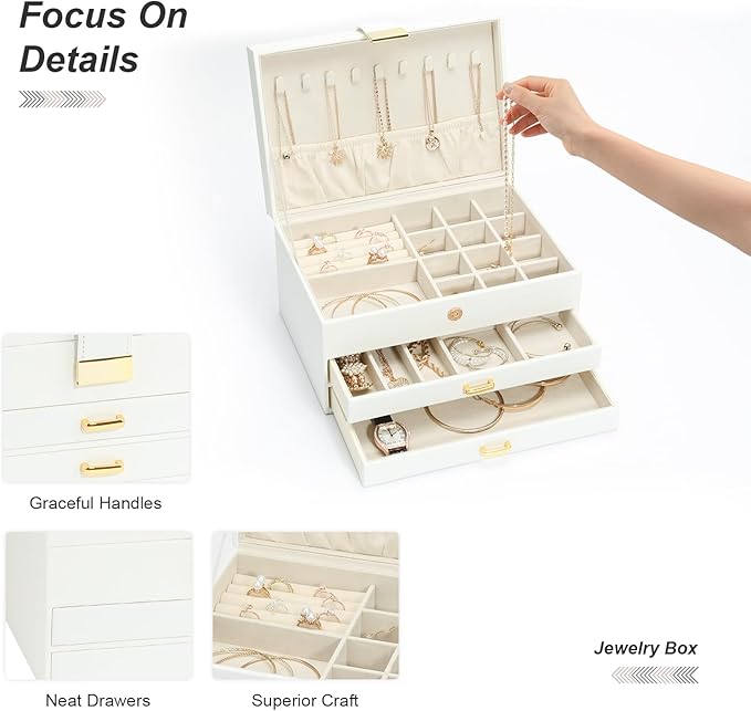 Jewelry Organizer Box for Women Girls, 3-Layer Jewelry Case with 2 Drawers Jewelry Storage Box for Ring Earrings Bracelets Necklaces(White)