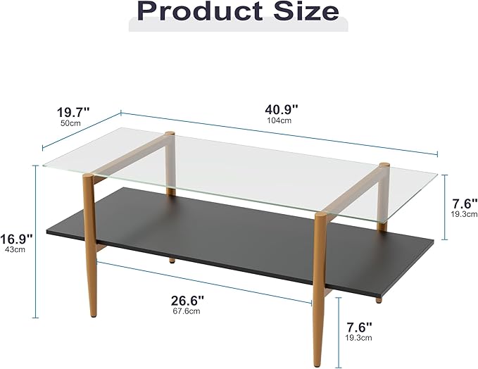 Glass Coffee Table, Rectangle Living Room Center Table with Golden Legs, Mid-Century Modern Accent Tables with Open Shelf for Living Room, Office, Black
