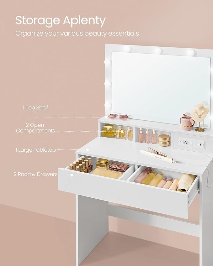 VASAGLE Vanity Desk with Power Outlets, Makeup Vanity with Mirror and Lights, with Upholstered Vanity Stool, 9 Dimmable LED Lights, 2 Compartments, 2 Drawers, for Bedroom, Cloud White URDT029W01