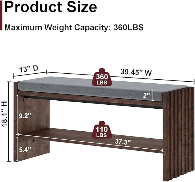 BON AUGURE Entryway Bench with Shoe Storage, 2-Tier Shoe Rack Bench with Cushion, Wood Benches for Bedroom, Living Room, Mudroom, Hall (Rustic Oak, 40 in Wide)
