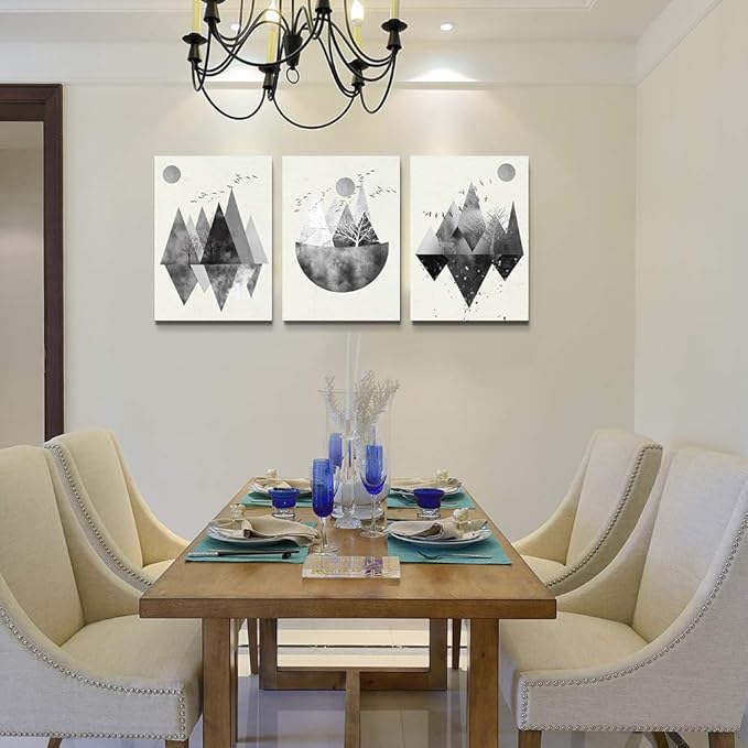 Black and white Abstract canvas Wall Art for living room Canvas Prints Artwork bathroom Wall Decor Abstract Mountain geometric Watercolor painting 3 Pieces Framed bedroom wall decorations Home Decor