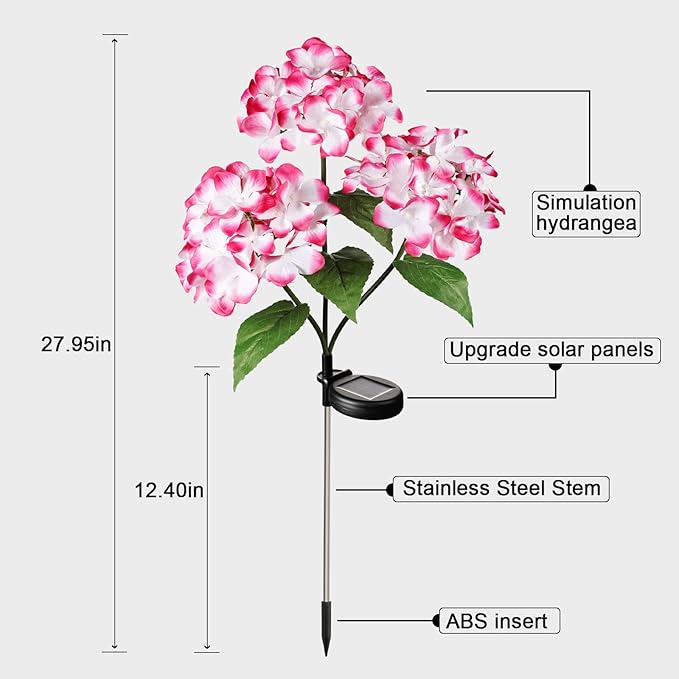 Solar Flower Lights - 2 Pack Waterproof Garden Lights with Solar Hydrangea Stake, Decorative for Patio, Courtyard, Garden Lawn (Blue & Rose Red)