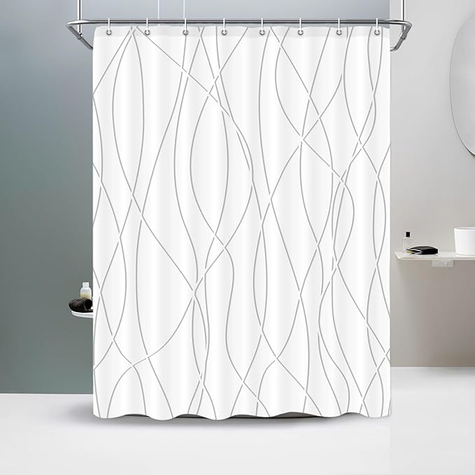 Punkray Grey Shadow Shower Curtain for Bathroom with Hooks, Shower Curtain Set Stripe Bath Curtains Decor White Shower Curtains Weighted Hem Washable, 60 x 72