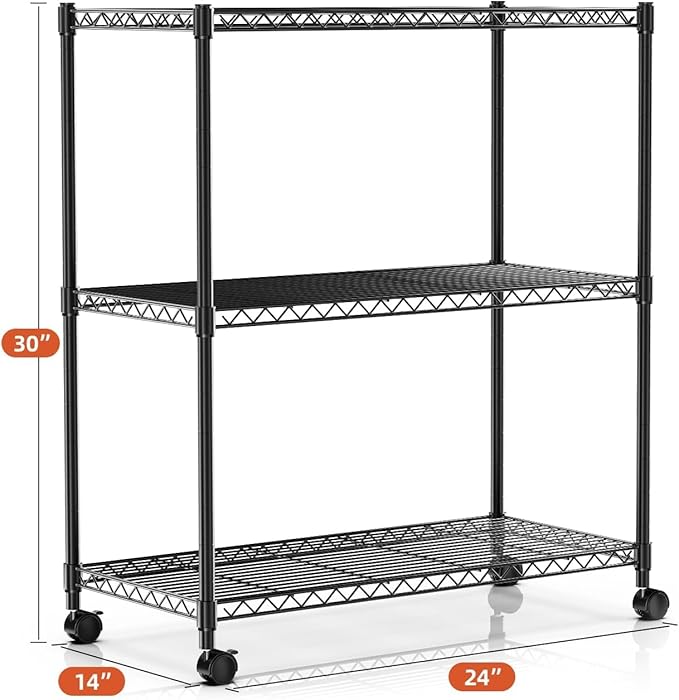 HealSmart 3-Tier Heavy Duty Storage Shelves 750Lb Capacity, 24.02" D x 13.78" W x 31.98" H Shelving Unit for Pantry, Garage, Laundry and Kitchen, Black
