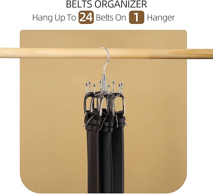 ZEDODIER Belt Hanger, 2 Pack Rotatable Belt Rack Closet Accessories Organizer, Maximum 24 Storage Capacity, Hanging Holder Storage Hook for Belt, Bra, Tank Top, Tie, Scarf, Purse, Silver