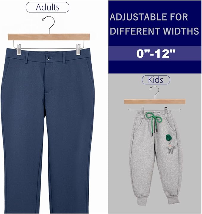 Amber Home 10 Pack Natural Wooden Pants Hangers with Clips, Wood Skirt Hangers Trouser Hangers for Jeans, Slacks, Shorts with 2-Adjustable Clips