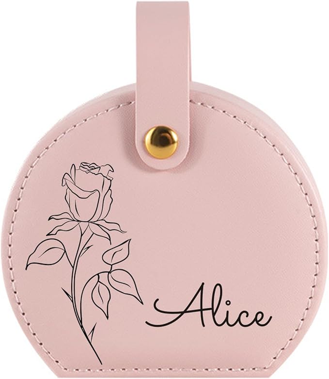 Personalized Travel Jewelry Case, Custom Leather Customized Jewelry Organizer Box w/Name & Birth Flower Month - Birthday Gifts for Women Mom Jewelry Travel Case