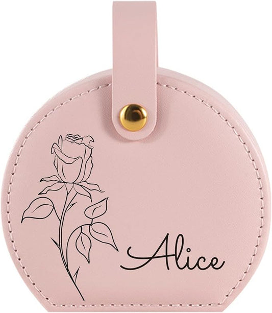 Personalized Travel Jewelry Case, Custom Leather Customized Jewelry Organizer Box w/Name & Birth Flower Month - Birthday Gifts for Women Mom Jewelry Travel Case
