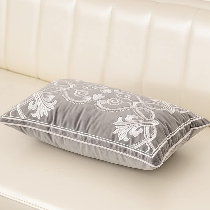 Aeckself 12 x 20 Inch European Cushion Cover Luxury Velvet Home Decorative Embroidery Floral Rectangle Throw Pillow Case Pillowcase for Couch Bed Living Room, Grey and White