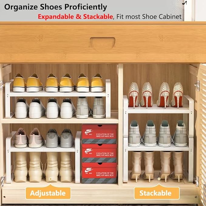 Bayou Expandable Shoe Rack, Adjustable Closet Storage Organizer, Heavy Duty Carbon Steel Shelf, Stackable Free-Standing Unit for Small Spaces (7", 2-Pack)