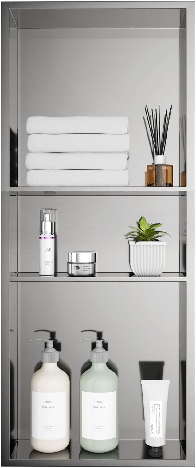 Stainless Steel Shower Niche 12" x 30" – Recessed Wall Niche with 3-Tier Storage, Waterproof & Rustproof Modern Bathroom Shower Shelf (Brushed Nickel)