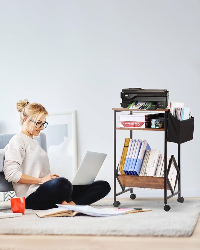 KATHY&BOB 3-Tier Printer Stand Mobile File Cabinet for Home Office with Side Storage Bag, Rolling Filing Cabinet with Open Storage Shelf, Fits A4 or Letter Size, Brown Under Desk Organizer