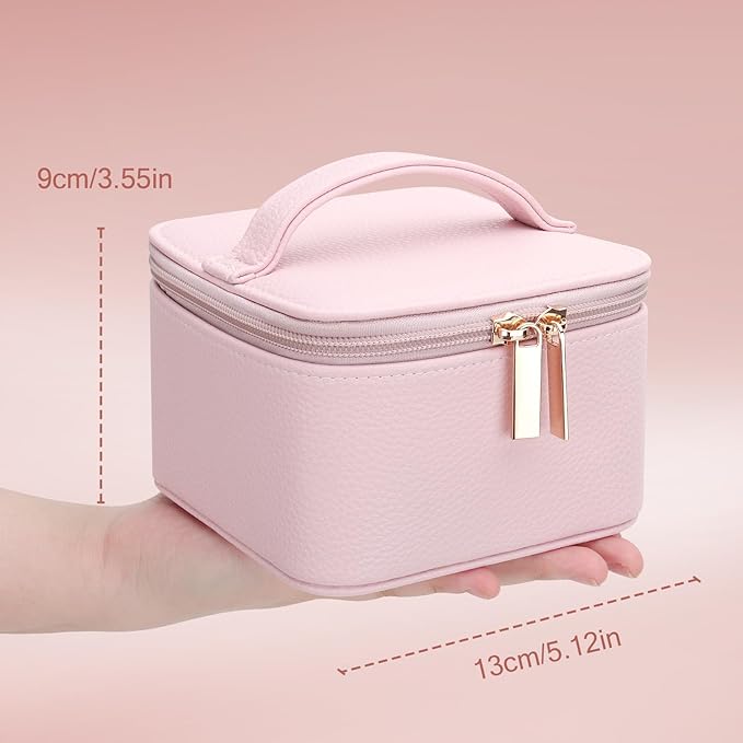 DesignSter Small Jewelry Box, Travel Small Jewelry Organizer with Earring Tray and Ring Holder,Square Travel Jewelry Storage Case with 6 Velvet Jewelry Pouches, Pink