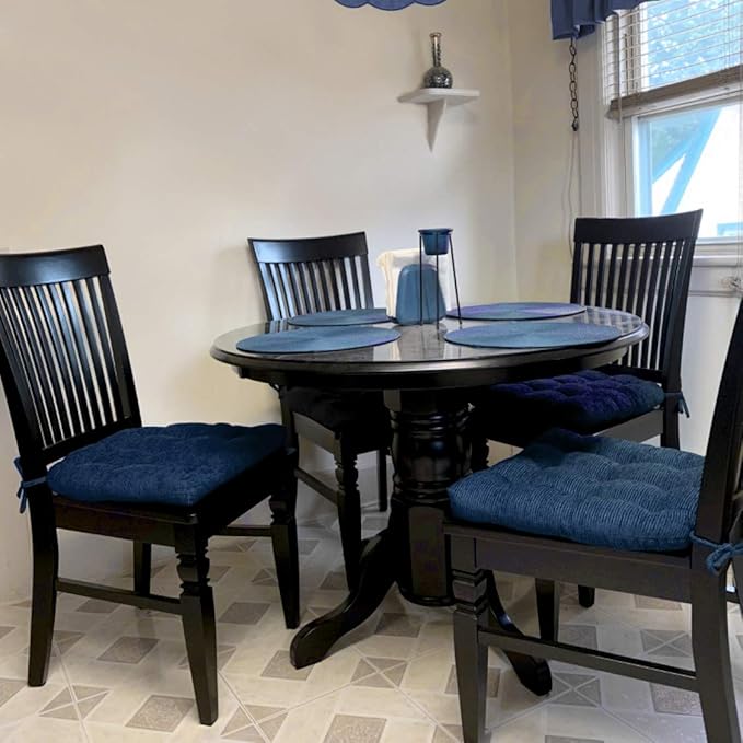 Barnett Home Decor Chenille Rib Navy Blue Dining Chair Cushions with Ties - 16.5 x 18 Size Medium Chair Pad - Latex Foam Fill, Reversible - Made in USA (Midnight Blue)