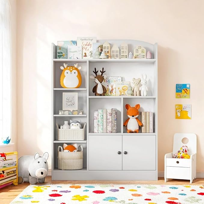 White Kids Bookshelf, Kids Bookcase with 7 Cubbies and 2 Cabinets, Freestanding Book Storage Shelves for Bedroom, Playroom, Hallway