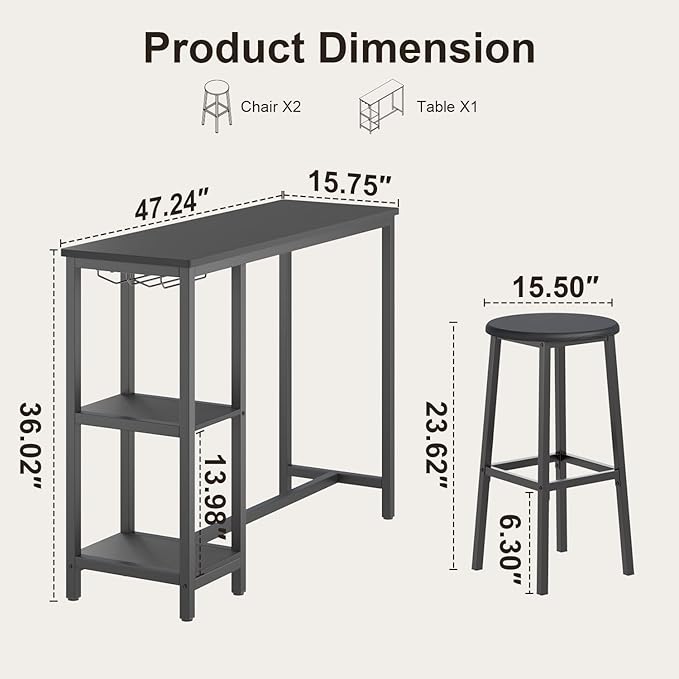 Small Bar Table Set for 2, Bar Table and Chair Set for 2, Kitchen Table for 2 with 2 Storage Shelves & Wine Glass Holder, Dining Table for Small Apartment, Dining Room, Black