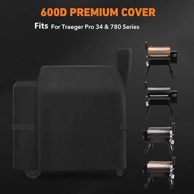 Outdoor Heavy Duty Waterproof Grill Cover Compatible with BAC380 BAC504 Traeger Pro 34 & 780 Series Wood Pellet Grill and Smoker, Texas and More, Full Length Barbecue Grill Cover, Black