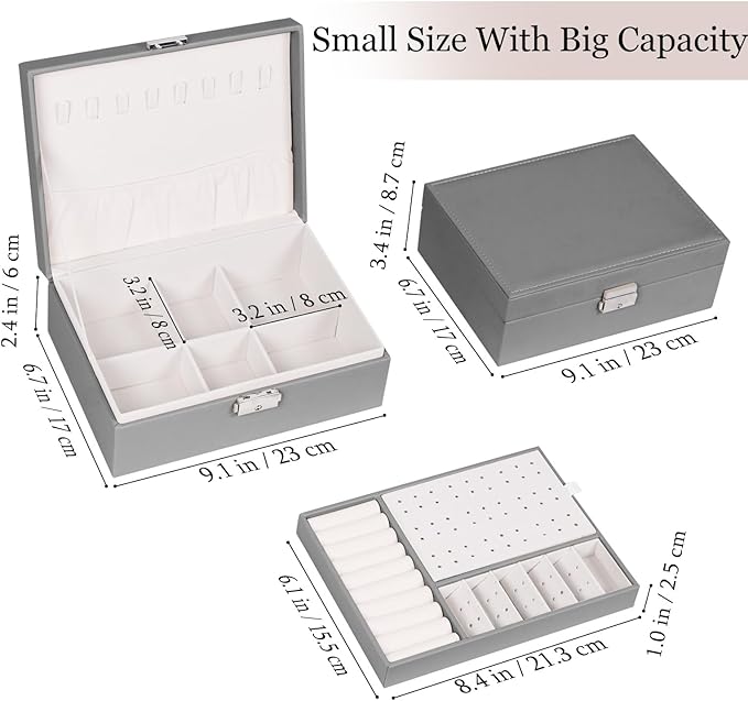 Jewelry Box for Women Girls, 2 Layers Jewelry Organizer Container with Lock, PU Leather Storage Case with Removable Tray, Jewelry Display Box for Necklaces Earrings Bracelets Rings Watches (Grey)