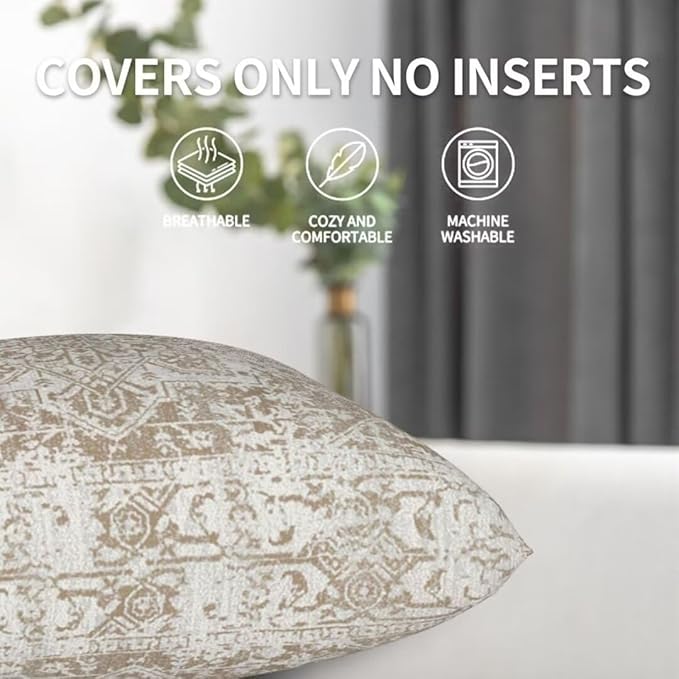 Boho Pillow Covers 22x22 Set of 2, Brown Beige Carpet Pattern Outdoor Decorative Throw Pillows Ethnic Rustic Farmhouse Cushion Cases Linen Gifts for Couch Sofa Decor