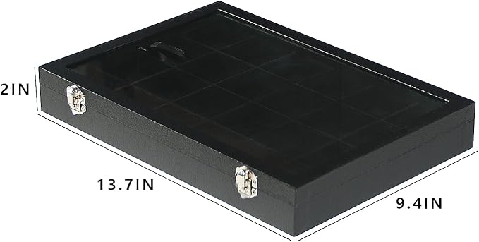 Coward Jewelry Organizer Box, Black Velvet 24 Grids Ring Earring Jewelry Display Tray Case with Transparent Glass Lid for Home Drawer or Shop Selling