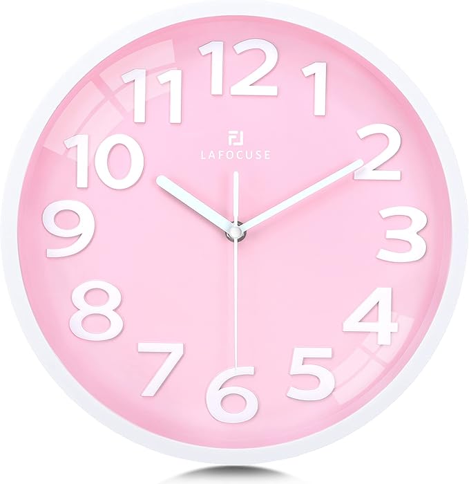 Lafocuse 12 Inch Silent 3D Numbers Pink Wall Clock for Living Room Decor, Battery Operated Pink Clocks for Girls Room Bedroom Kitchen