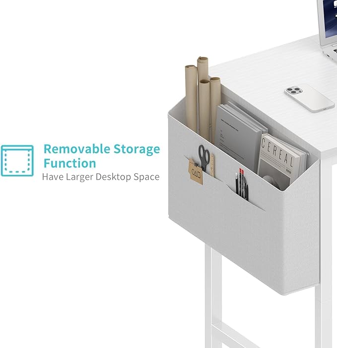 Lufeiya Small White Desk for Small Spaces, 32 Inch Kids Girls Study Writing Desks for Bedroom, Simple Modern Laptop PC Little Side Table with Storage Bag Headphone Hook, White