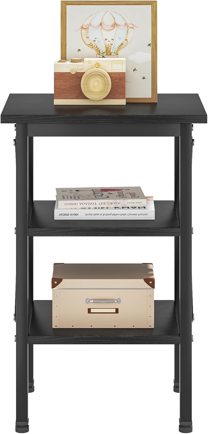 VECELO End Table, Bedside Table, 24" Tall Living Room End Tables, X-Design Reinforced Nightstands, Side Table with 3-Tier Storage Shelves for Small Spaces, Office, Bathroom, Bedroom, Classic Black