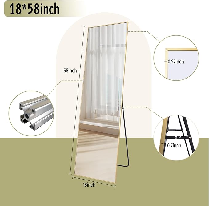 BEAUTYPEAK Gold Full Length Mirror, 58"x18" Standing Hanging or Leaning Against Wall Floor Mirrors Body Dressing Wall-Mounted for Living Room, Bedroom with Aluminum Alloy Thin Frame