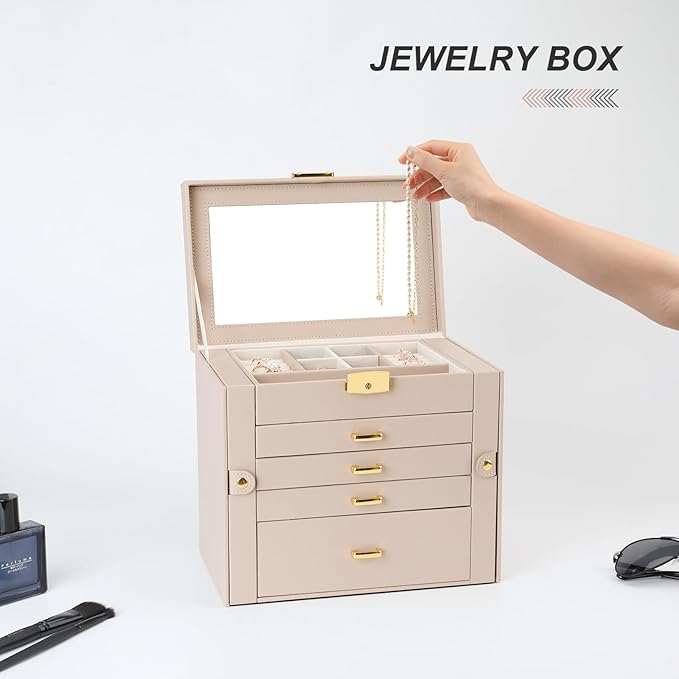 Large Jewelry Box, Jewelry Boxes for Women Large Jewelry Organizers and Storage, Women Large Jewelry Box with Mirror, 5 Layers 4 Drawers Jewelry Box with Handle Jewelry Organizer, Apricot