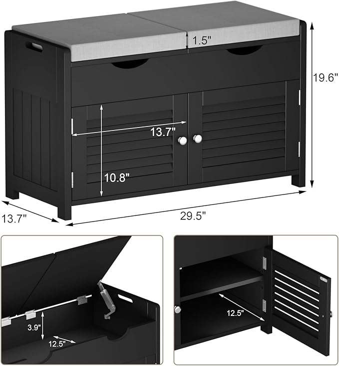 ChooChoo Shoe Storage Bench with Lift Top Storage, Entryway Bench with 2 Cushioned Seats, 3 Compartments, Adjustable Shelf, Shoe Cabinet for Entryway, Bedroom, Living Room, Black