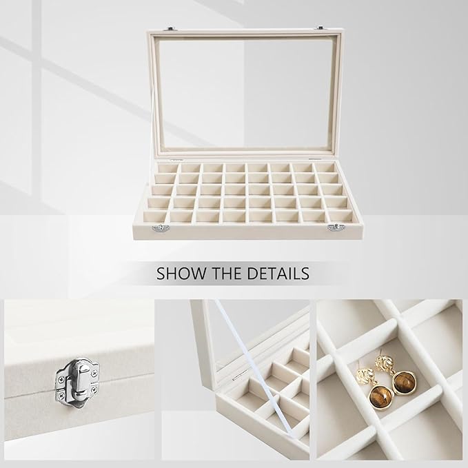 Wudygirl Large Jewelry Organizer Box with 40 Compartments Earring Holder Organizer Velvet Ring Display and Necklace Storage Tray Jewelry Box for Women (Beige Velvet)